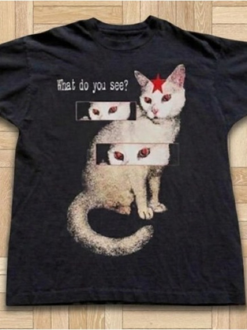 Gildan Black Tee with White Cat Graphic and Red Star